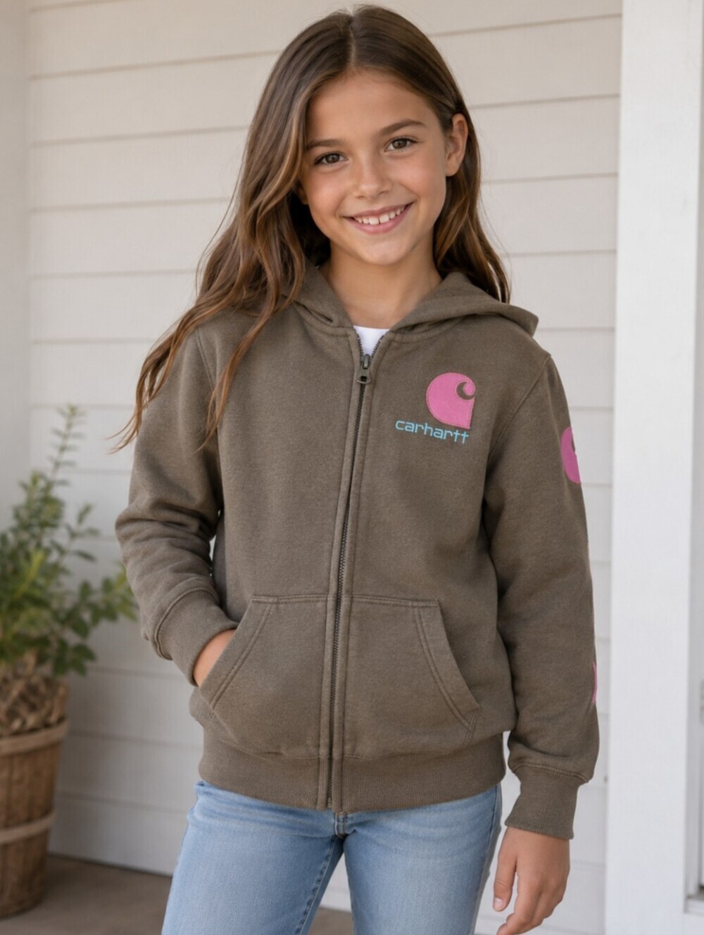 Carhartt Full Zip Hoodie Hooded Sweatshirt Girl's Small 8 Embroidered Logo EUC